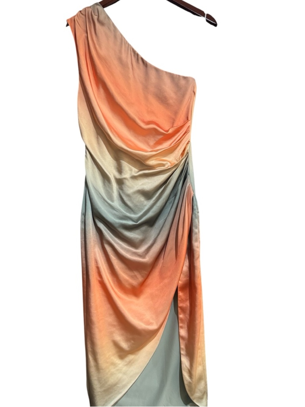 Elliatt One-Shoulder Ombre Peach, Coral & Sage Midi Dress - Picture 2 of 5